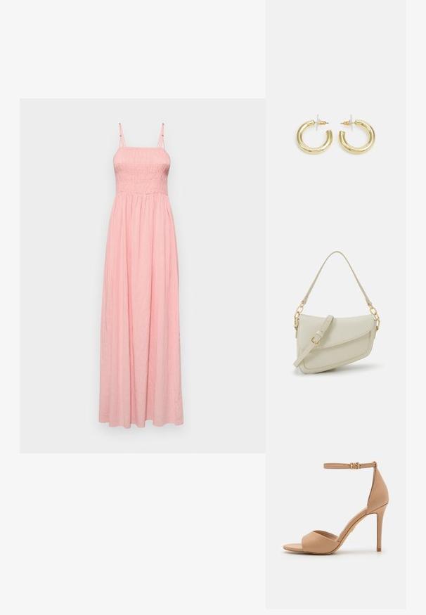 Maksijska obleka iz mehke roza tkanine, s smockanom zgornjim delom, tankimi nastavljivimi naramnicami in tekočo krilom. Preprost dizajn brez vzorcev.; ALDO CRERIDE PILLOW WALK - Sandali - beige; Mala kremna torbica z teksturiranim zaključkom, dolgim nastavljivim trakom, verižnim poudarkom in zapiranjem na poklop. Detajli iz zlatega kovinskega materiala.; Zlate uhane v obliki obročkov z gladko, sijočo površino. Krožna zasnova s majhnim nosilcem in prozornim podplatom za varno nošenje.