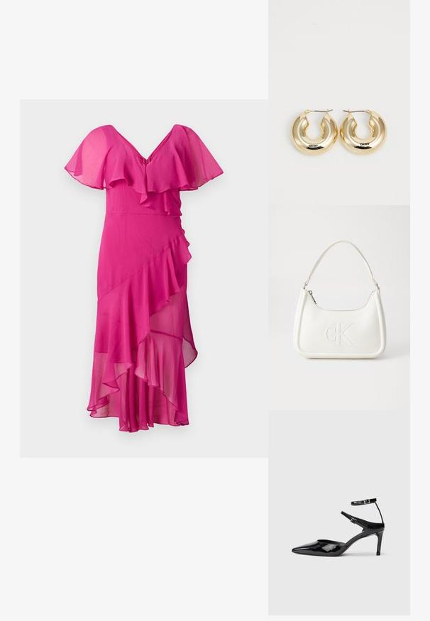 Fuksia kjole med V-hals, utvidede ermer og lagdelte volanger. Laget av lett stoff, med asymmetrisk kant og teksturert flyt.; Sorte lakkede hæle med spids tå, justerbare ankelstropper og en slank hæl. Glat tekstur med en skinnende overflade.; Hvit lærveske med en buet fasong, med et preget "CK"-logo på forsiden og en enkel skulderstropp. Glidelåslukking på toppen.; Gullring med en jevn, avrundet form og blank finish, utstyrt med en lås for feste. Gravet med "DKNY."