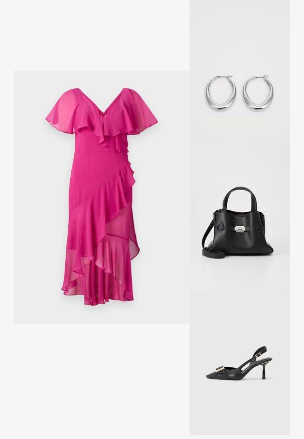 Fuksjowa sukienka z dekoltem w kształcie V, rozkloszowanymi rękawami i warstwowymi falbanami. Wykonana z lekkiego materiału, posiada asymetryczny dół i teksturowany krój.; Czarna skórzana mokasynka z odkrytym piętą, spiczastym noskiem, smukłym obcasem i akcentem w kolorze złotym na cholewce. Gładka faktura i zorganizowany design.; Czarna skórzana torebka z teksturowanym wykończeniem, wyposażona w dwie górne rączki, odczepiany pasek na ramię oraz detal w postaci srebrnego zapięcia.; Para wypolerowanych srebrnych kolczyków w kształcie półksiężyca z zawiasowymi zapięciami na białym tle.