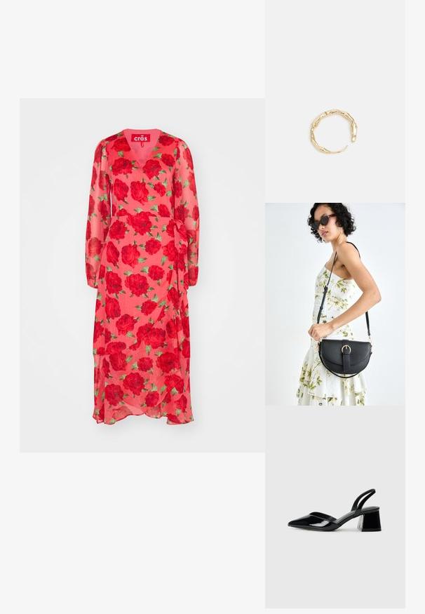 Prozirna pink haljina s crvenim cvjetnim uzorkom, v-izrez, dužim rukavima i omotanim dizajnom, s vezanjem u struku i prozračnom siluetom.; Crne lakirane kožne sandale s otvorenom petom i špicastim vrhom, s geometrijskom blok petom. Imaju elegantan, minimalistički dizajn i glatku teksturu.; Crna kožna torba s lukovitim oblikom, odvojivim remenom i zlatnim detaljima. Torba ima preklop s kopčom.; Prsten u zlatnoj nijansi s organskim, uvijenim dizajnom, glatkom teksturom i suženim krajevima, koji stvara moderan, skulpturalni izgled.