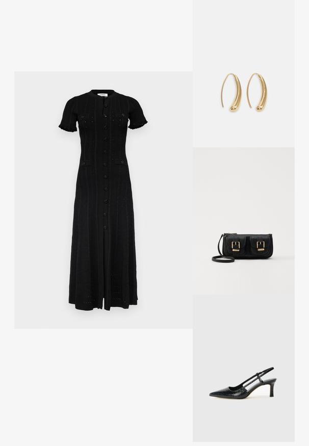 sandro MILO - Velika haljina - noir; Crne lakirane slingback pete s oštrim vrhom, s teksturiranim uzorkom zmijske kože, podesivom remenom i kratkom, teksturiranom blok-petom.; Crna kožna torba preko ramena s dva prednja džepa, zlatnim kopčama, zatvaranjem na zip i uskim remenom. Teksturirana površina i kompaktan pravokutan oblik.; Zlatne metalne naušnice u obliku obruča s zakrivljenim, izduženim oblikom. Imaju glatku, sjajnu površinu i zaobljeni vrh za dodatni detalj.
