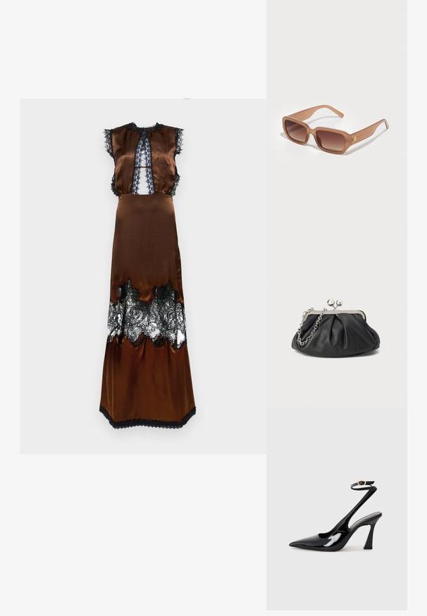 Viktor&Rolf CAMISOLE LONG DRESS - Apģērbs svinīgiem gadījumiem - brown; Melnas patentā ādas augstpapēžu kurpes ar norādītu purngalu, regulējamu potītes siksniņu un mērenu bloku papēdi. Gluda tekstūra ar spīdīgu apdari.; Brūnas taisnstūra saulesbrilles ar gradāciju lēcām, biezām rāmī, un logotipa detaļu sānos. Gluda plastmasas materiāla, minimālisma dizains.; Melnas ādas roku soma ar sakrautām tekstūrām, sudraba toņu metāla rāmis, skavas aizdare un ķēdes siksna. Gluda, maiga virsma.