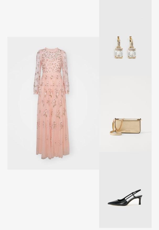 Needle & Thread POSY jasnoróżowy; Czarne lakierowane czółenka na obcasie typu slingback z wąskim noskiem, z teksturowanym wzorem wężowym, regulowanym paskiem oraz krótkim, teksturowanym obcasem w kształcie słupka.; Metaliczna złota skórzana kopertówka z teksturowanym wykończeniem, z złotą łańcuszkową rączką i odpinanym paskiem na ramię. Wytłoczone logo marki.; Złote kolczyki z prostokątnym, przezroczystym kryształem zwisającym poniżej rzędu małych, okrągłych, przezroczystych akcentów. Elegancki, nowoczesny design.