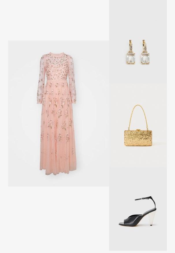 Needle & Thread POSY ROUND NECK GOWN - Occasion wear - faded coral; Black leather high heel sandal with open toe, asymmetrical design, ankle strap, and a metallic cone-shaped heel. Smooth texture throughout.; Gold sequin clutch with a rectangular shape, featuring a twisted chain handle and a metal clasp closure, reflecting light with a textured finish.; Gold-tone earrings featuring a rectangular, clear crystal dangling below a row of small, round clear accents. Sleek, modern design.