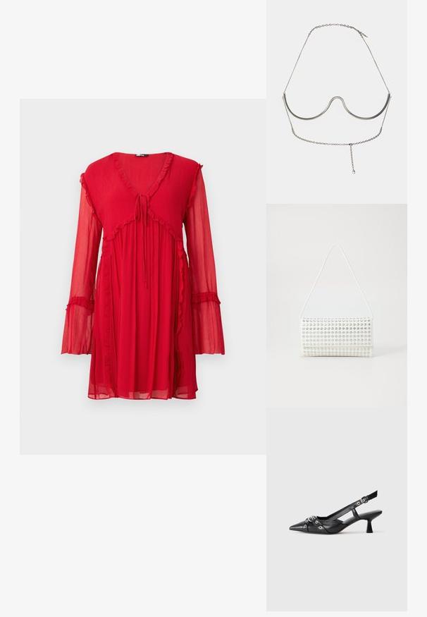 Raudona su ilgomis rankovėmis su V formos iškirpte, su rišimo detale ir volanų akcentais. Pagaminta iš lengvos, tekstūruotos medžiagos su laisvu siluetu.; Juodas odinis slingback tipo batai su smailiu priekiniu atvartu, dekoratyvinėmis sagtimis su metaliniais akyčiais ir žemu blokiniu kulnu. Saldus paviršius.; Balta rankinė su apvalia forma, turinti tekstūruotą paviršių su sidabro spuogais. Ji turi ploną peties diržą ir elegantišką uždarymą.; Cult Gaia ASHA BODY JEWELRY - Kiti aksesuarai - bright shiny silver-coloured