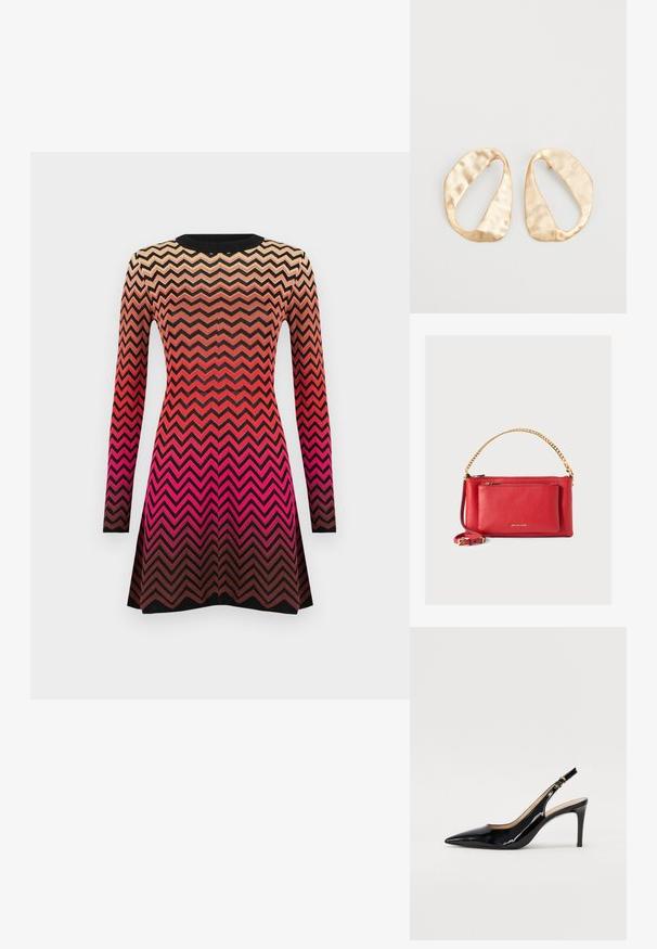 Megzta suknelė su zigzaginiu raštu, pereinančiu iš smėlio spalvos į raudoną ir juodą. Ilgos rankovės ir apvalus kaklas.; Juodas lakinės odos slingback batelis su smailiu nosiu, plonu kulnu ir subtiliu išpjovos dizainu. Yra auksinė sagtis ant dirželio.; Raudona odinė rankinė su tekstūruotu paviršiumi, auksine grandine ir dirželiu, priekinė užtrauktuko kišenė ir išspaustas logotipas. Kompaktiškas ir struktūruotas dizainas.; Nedidelis nereguliarus ovalo formos aukso tono metalinių auskarų pora su tekstūruota, šiek tiek kalta paviršiumi ant balto fono.