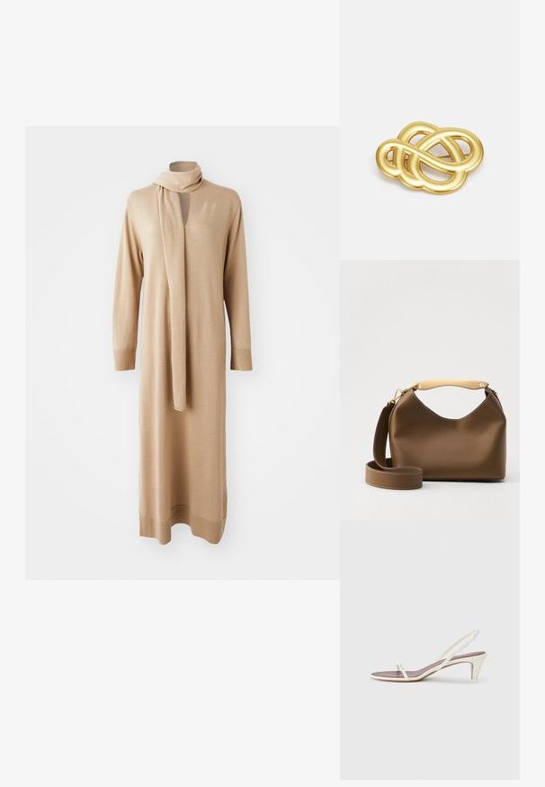 Bežs adījuma kleita ar garām piedurknēm, V-veida kakla izgriezumu un pievienotu šalli. Tieša silueta un ribotas aproces; mīksta tekstūra ar minimālu detalizāciju.; Baltas siksnas sandales ar nelielu papēdi, plānām siksniņām un gludu ādas tekstūru; ar nelielu dekoratīvu sprādzi.; Brūna ādas rokassoma ar krēmkrāsas augšējo rokturi, ar apaļu formu, regulējamu siksnu un redzamām šuvēm.; Zelta toņa broša ar mezglota dizaina, gludām, izliekamām līnijām un sarežģītu formu, kas atspoguļo pulētu apdari.