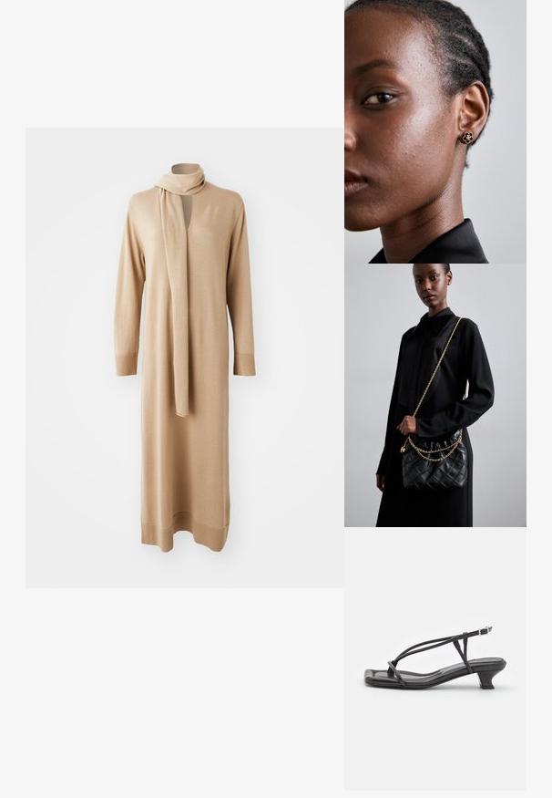 Beiges Strickkleid mit langen Ärmeln, V-Ausschnitt und angenähtem Schal. Gerader Schnitt und gerippte Bündchen; weiche Textur mit minimalen Details.; Schwarze Leder-Sandale mit dünnen Riemen, niedrigem Blockabsatz und quadratischer Spitze. Sie verfügt über einen Schnallenverschluss und eine glatte Textur.; Schwarze gesteppte Ledertasche mit einem gerafften oberen Teil, goldfarbener Kettenriemen und rechteckiger Form, vor einem schlichten Hintergrund gehalten.; Die goldenen Blumensteckerohrringe haben ein strukturiertes schwarzes Zentrum und zarte Verzierungen. Die klare Haut und die geflochtenen Haare des Modells sind profilseitig sichtbar.
