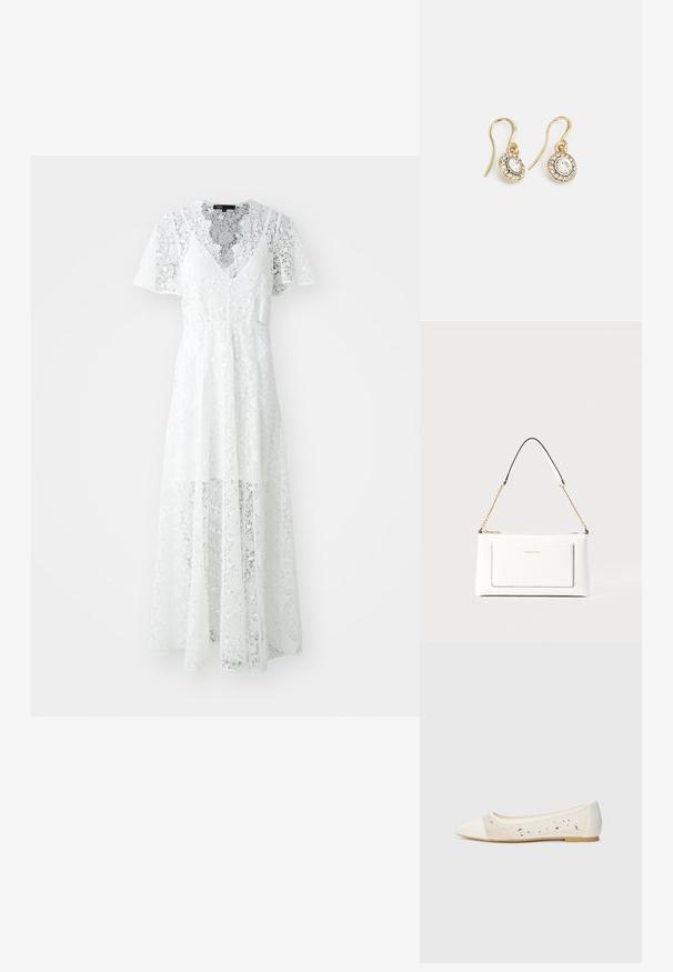 White lace dress with short sleeves, v-neckline, and a flowing design. Features intricate floral patterns and a semi-sheer finish.; Pointed-toe flat in cream leather with transparent upper featuring scattered rhinestones. Soft sole for comfort, minimalistic design.; White leather handbag with a textured finish, featuring a gold chain strap and black accents. Includes a front pocket and zipper closure.; Gold-tone earrings with oval-shaped clear crystals surrounded by smaller clear stones, featuring a hook design for secure wear.