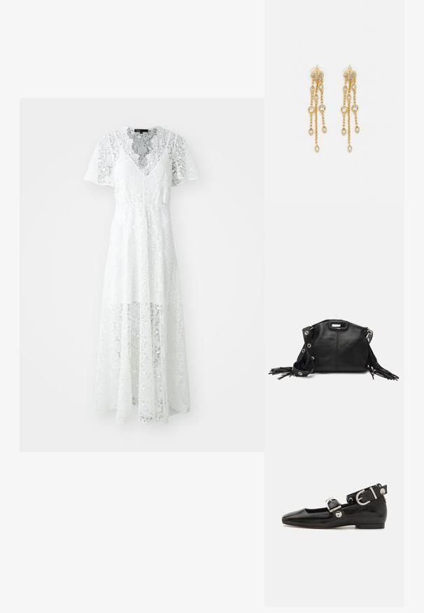 Valkoinen pitsimekko, jossa on lyhyet hihat, v-pääntie ja virtaava muotoilu. Mekko on varustettu monimutkaisilla kukkakuoseilla ja puoliksi läpikuultavalla pinnalla.; Musta patenttinahkainen tasapohjainen kenkä suoralla varvastyöllä, nilkkahihna hopeisilla yksityiskohdilla ja tasainen pohja. Sileä pinta ja minimalistinen muotoilu.; Maje MISS MINI - Olkalaukku - noir; Kultaketjua roikkuvat korvakorut, joissa on useita putoavia ketjuja, ja selkeitä ovaaleja rhinestone-akselteja sekä koristeelliset niittitoppaukset.