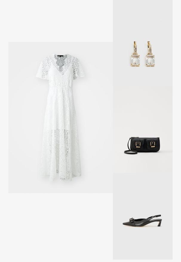 Bílá krajková šaty s krátkými rukávy, výstřihem do V a splývavým designem. Obsahují složité květinové vzory a poloprůhledný povrch.; Černé kožené sandály s úzkou špičkou, malým podpatkem a dekorativní sponou na nártu. Hladký povrch, minimalistický design.; Černá kožená crossbody taška se dvěma předními kapsami, zlatými přezkami, zipovým uzávěrem a štíhlým popruhem. Texturovaný povrch a kompaktní obdélníkový tvar.; Náušnice ve zlatém odstínu s obdélníkovým, průhledným krystalem zavěšeným pod řadou malých, kulatých průhledných akcentů. Elegantní, moderní design.