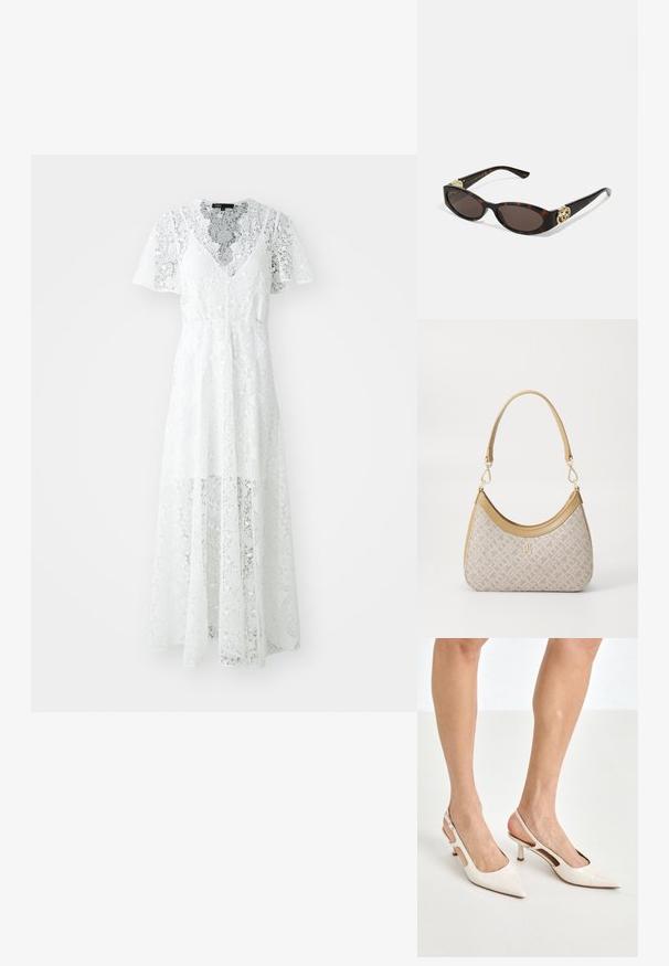 Abito bianco di pizzo con maniche corte, scollo a V e un design fluido. Presenta intricati motivi floreali e una finitura semi-trasparente.; Tacchi slingback in pelle lucida beige con punta affusolata e tacco di 5 cm, caratterizzati da lati traforati e una sottile fascia alla caviglia.; Occhiali da sole tartarugati con lenti ovali allungate, tonalità marrone, accenti dorati con logo sulle tempie e aste nere eleganti.; Borsa a tracolla beige con un motivo stampato, forma curvata, dettagli in pelle e un logo dorato sul davanti. Presenta una maniglia corta per un facile trasporto.; Collana di perle e cristalli con un design rotondo a perline in tonalità tenui, caratterizzata da perle alternate e accenti scintillanti, indossata attorno al collo.