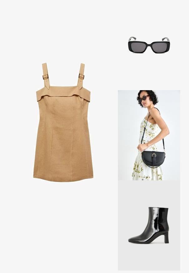 Mango Etuikleid - sand; Schwarzer Lackleder-Stiefelette mit spitzer Zehe und einem mittelhohen Blockabsatz. Glatte Textur und minimalistisches Design.; Schwarze rechteckige Sonnenbrille mit dunklen Gläsern, glattem Kunststoffrahmen und gebogenen Bügeln. Das Design ist klobig mit einer minimalistischen Ästhetik.; Schwarze Lederhandtasche mit geschwungener Form, abnehmbarem Tragegurt und goldenen Beschlägen. Die Tasche verfügt über einen Deckel mit einer Schnallen-Details.