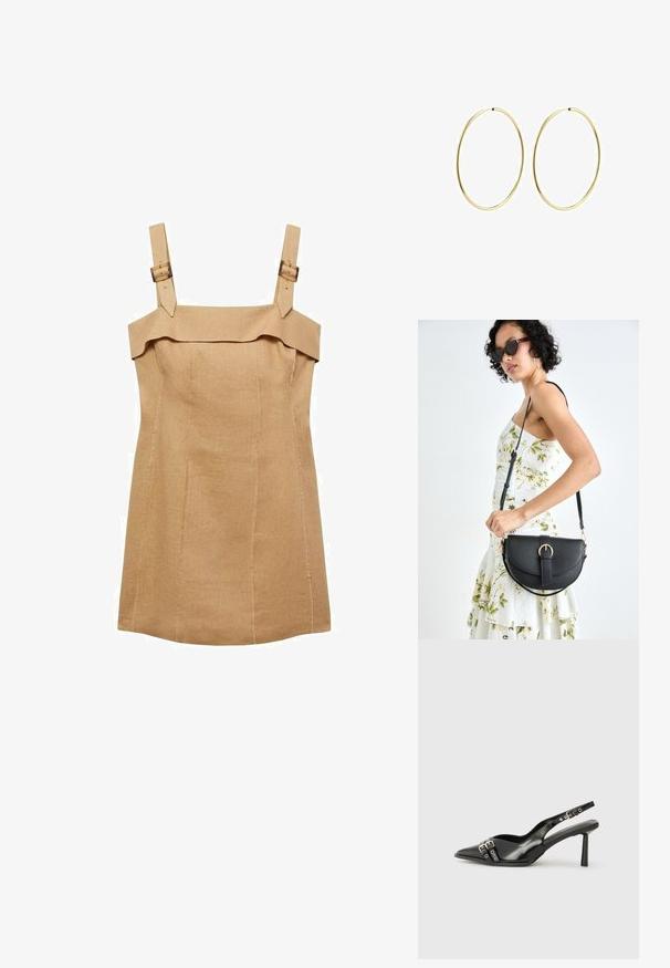 Mango Etuikleid - sand; Schwarzer Lackleder Slingback-Schuh mit spitzem Zehenbereich, Knöchelriemen mit silbernen Schnallen und Beschlägen sowie einem schlanken Absatz.; Schwarze Lederhandtasche mit geschwungener Form, abnehmbarem Tragegurt und goldenen Beschlägen. Die Tasche verfügt über einen Deckel mit einer Schnallen-Details.; Goldene Creolen mit einem glatten, runden Design. Dünn und leicht, mit einem durchgehenden Ring ohne Verzierung.