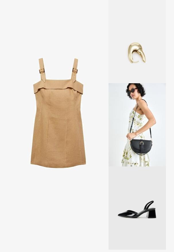 Mango Etui-jurk - sand; Zwarte gepatineerde leren slingback hakken met een spitse neus en een geometrische blokhak. Kenmerkt zich door een slank, minimalistisch ontwerp en een gladde textuur.; Zwarte leren handtas met een gebogen vorm, afneembare schouderband en gouden hardware. De tas heeft een klep met een gespsluiting.; Gouden metalen oorbel met een slank, gebogen ontwerp. Beschikt over een kenmerkende puntige vorm, gepolijste oppervlakte en scharnier sluiting.