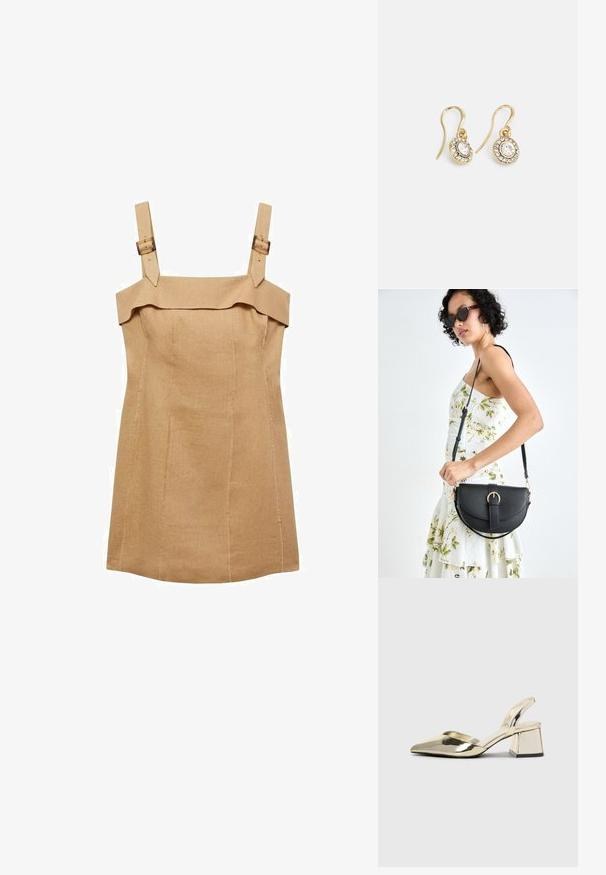 Mango Kotelomekko - sand; Kultaiset, metalliset slingback-kengät, joissa on teräväkärkiset ja paksut korot. Sileä pinta, minimalistinen muotoilu ja kapea hihna.; Musta nahkainen käsilaukku, joka on kaareva muotoilultaan, irrotettavalla hihnalla ja kultaisilla yksityiskohdilla. Laukussa on läppä, jossa on solk yksityiskohta.; Kultaiset korvakorut, joissa on soikeat, läpinäkyvät kivet, joita ympäröivät pienemmät läpinäkyvät kivet. Korvakoruissa on koukkuminen, joka takaa turvallisen käytön.