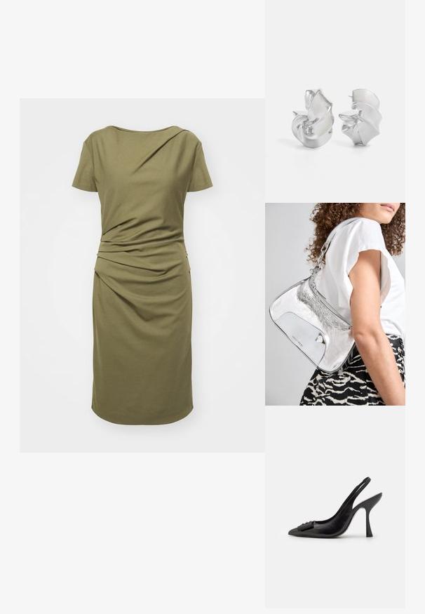 Oliivivärvane kleit, mis on valmistatud pehmest puuvillast, lühikeste varrukatega, ümmarguse kaelusega ja külgedel kogutud detailidega, esitades kitsendatud siluetti.; Musta nahka slingback-kengät, joissa on terävä kärki, kapea korko ja koristeellinen rusetti. Sileä pinta ja tyylikäs muotoilu.; Hopeinen metallinen olkalaukku, jossa on sileä pinta, kaareva muotoilu, ketjuolkaimet ja kiiltävä etupaneeli, jossa on hienovarainen logon kaiverrus.; Hopeakorvakorut, joissa on virtaava, spiraalimainen muotoilu. Sileä pinta, jossa on kiiltävä viimeistely. Ominaisuuksina hienovarainen kiilto ja ei näkyviä koristeita.