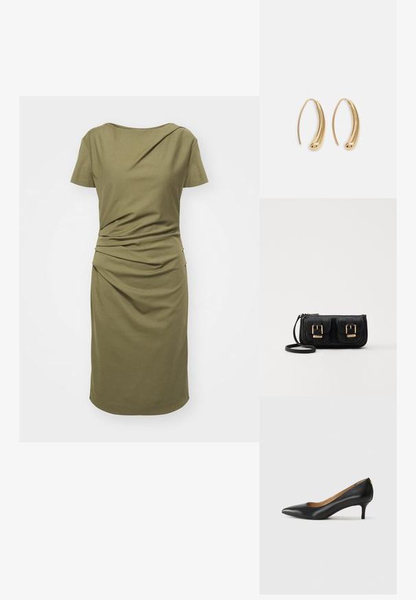 Olive roheline kleit, mis on valmistatud pehmest puuvillast, lühikeste varrukatega, ümmarguse kaelusega ja külgedel volditud detailidega, esitades vormitud silueti.; Must musta musta, millel on terav nina, madal konts ja sile tekstuur. Omab pisut avatud osa ees ja minimaalset riistvara taga.; Must küllastamata nahast õlakott, millel on kaks esist nähtavat taskut, kuldsed pandlad, tõmblukuga sulgemine ja peen rihm. Tekstuuriga pind ja kompaktne ristkülikukujuline kuju.; Kuldtoonilised metallist rõngas kõrvarõngad, millel on kõver ja piklik kuju. Omavad siledat, läikivat pinda ja ümarat tipptugevdust, mis lisab detaili.