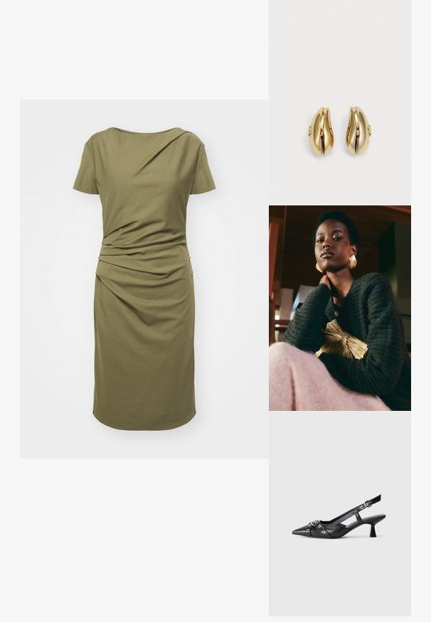 Olive green dress made from soft cotton with short sleeves, a round neckline, and gathered details on the side, featuring a fitted silhouette.; Black leather slingback shoe with a pointed toe, decorative straps featuring metal eyelets, and a low block heel. Textured surface.; Loeffler Randall PLEATED FRAME WITH BOW - Clutch - gold-coloured; Gold-tone earrings with a flowing, curved design. Each earring features a smooth surface and a small clasp with a decorative detail.