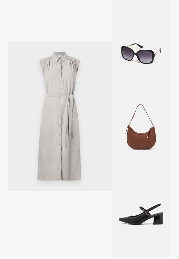 Világosszürke, ujjatlan ingruha gombos elülső résszel, ráncolt vállrésszel, derékmegkötővel és egyenes fazonnal. Sima szövet textúra.; Fekete lakk bőr, pántos magassarkú cipő, hegyes orral, lekerekített kivágással és tömbsarkal. Arany színű csat díszíti.; Fekete, oversize napszemüveg fokozatos árnyalatú lencsékkel, vastag kerettel és arany színű lánc díszítéssel a szárakon.; Barna műbőr válltáska ívelt formával, minimális varrással és arany színű kiegészítőkkel. Jellemzője a felső cipzáras záródás és állítható pánt.