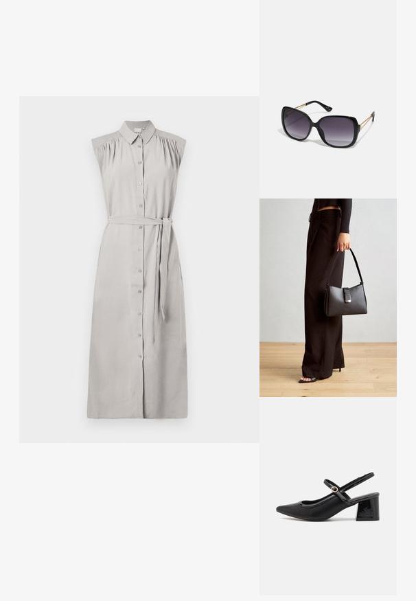 Rochie din material gri deschis, fără mâneci, cu nasturi pe față, detalii cu umeri plisați, cordon în talie și croială dreaptă. Textură a materialului neted.; Cizme cu toc slingback din piele sintetică lacuită neagră, cu vârful ascuțit, un design cu decupaj rotunjit și toc bloc. Include un accent cu cataramă de culoare aurie.; Ochelari de soare negri, supradimensionați, cu lentile degradate, rame groase și detalii cu lanț de ton auriu pe brațele templului.; Genți negre cu o formă structurată, textură netedă și un închizător metalic. Asortată cu pantaloni negri largi și sandale cu vârf deschis pe un podea din lemn.