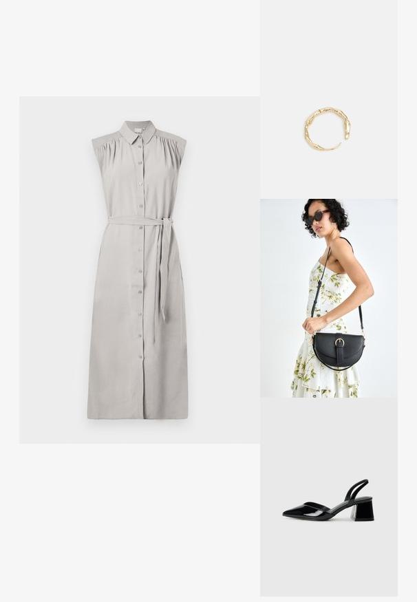 Vestido de camisa sin mangas de color gris claro, con botones en el frente, detalles fruncidos en los hombros, cinturon en la cintura y corte recto. Textura de tela suave.; Zapatos de tacón slingback de charol negro con punta afilada y tacón geométrico en bloque. Presentan un diseño elegante y minimalista, así como una textura suave.; Bolso de piel negra con forma curva, correa desmontable y herrajes dorados. El bolso cuenta con una solapa con un detalle de hebilla.; Anillo en tono dorado con un diseño orgánico y retorcido, con una textura suave y extremos cónicos, creando una apariencia moderna y escultórica.