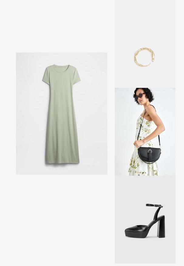 Svijetlozelena, kratki rukav, majica maxi haljina s ravnim krojem, prikazana na jednostavnoj bijeloj pozadini.; Crne platforme s potpeticom s oštrim vrhom i podešivom naramenicom. Izrađene od glatke kože, s masivnom blok petom.; Crna kožna torba s lukovitim oblikom, odvojivim remenom i zlatnim detaljima. Torba ima preklop s kopčom.; Prsten u zlatnoj nijansi s organskim, uvijenim dizajnom, glatkom teksturom i suženim krajevima, koji stvara moderan, skulpturalni izgled.