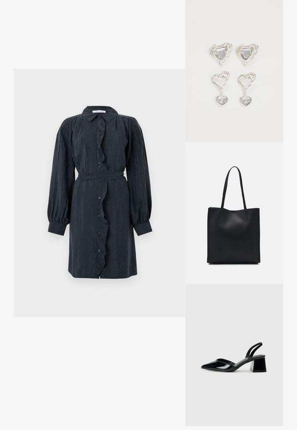 Fekete, hosszúujjú, gombos ruha fodros díszítéssel és övvel a deréknál. Textúrált anyagból készült, puffos ujjakkal és klasszikus gallérral rendelkezik.; Fekete lakk bőr szandálkés magas sarkú cipő, hegyes orral és geometrikus tömbsarkakkal. Karcsú, minimalista dizájn és sima textúra jellemzi.; Fekete bőrtáska sima felszínnel, téglalap alakú, két hosszú füllel. Nincs látható fémkiegészítő vagy díszítés.; Ez az ezüst szív alakú fülbevaló sima, átlátszó kövekkel rendelkezik, texturált kerettel. A készlet stud és csepp stílust is tartalmaz.