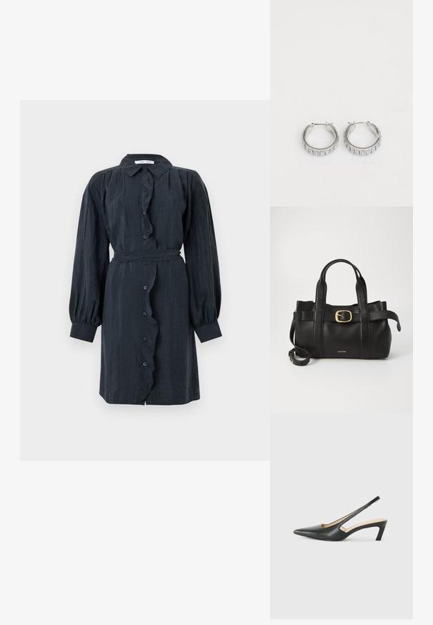 Abito lungo nero con maniche a sbuffo, colletto classico e cinturino in vita. Realizzato in tessuto texturizzato, presenta una chiusura a bottoni con balze.; Scarpa slingback nera con punta affilata e tacco basso, realizzata in pelle liscia e con un design a taglio laterale per favorire la traspirabilità.; Borsa a mano in pelle nera con un design strutturato, doppie maniglie superiori, accentuazione in metallo dorato e logo del marchio in rilievo sul davanti.; Orecchini a cerchio in argento con un design testurizzato caratterizzato da scanalature verticali. Forma circolare con una chiusura a scatto sicura. Finitura liscia.