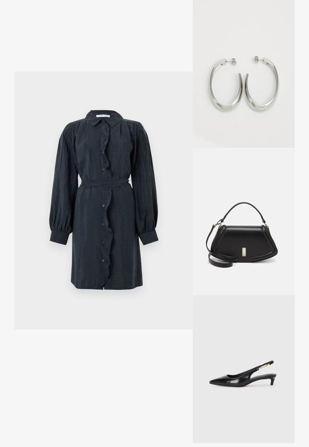 Czarna, długa koszulowa sukienka z guzikami, z falbaną na plastrze i paskiem w talii. Wykonana z teksturowanej tkaniny, posiada bufiaste rękawy i klasyczny kołnierzyk.; Czarne skórzane szpilki typu slingback z ostrym noskiem, posiadające smukły obcas i złoty akcent na regulowanym pasku. Gładka tekstura.; Czarna skórzana torebka o strukturalnym designie, z przyciętą formą, górnym uchwytem i złotymi akcentami. W zestawie regulowany pasek na ramię.; Srebrne kolczyki-hoop o gładkim, zakrzywionym designie. Posiadają błyszczące metaliczne wykończenie i zapięcie na sztyft. Brak widocznych wzorów lub akcentów.