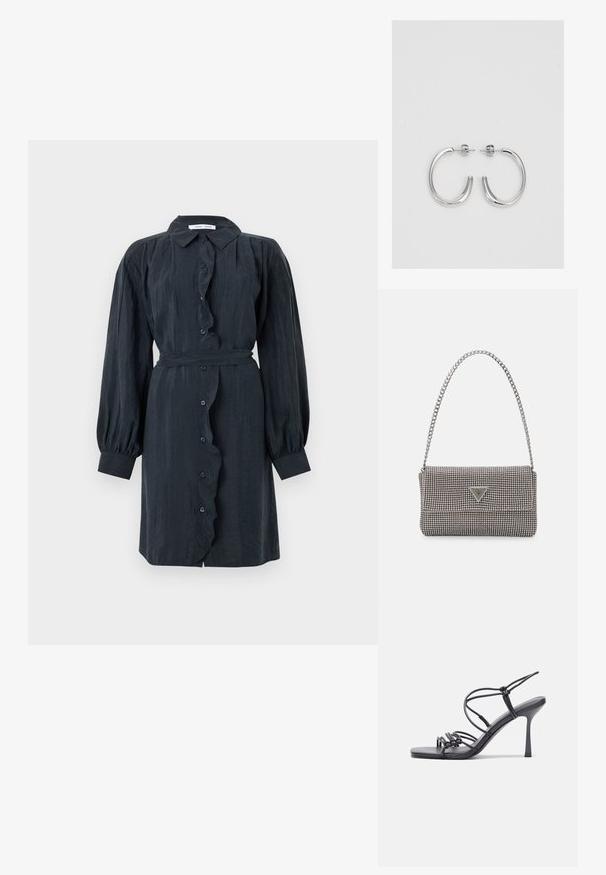 Juodas ilgomis rankovėmis, mygtukais užsegamas suknelė su raukinėliais ir diržu liemeniui. Pagaminta iš tekstūruoto audinio, turi pūstus rankovės ir klasikinę apykaklę.; Juodos aukštakulnės sandalai pasižymi plonyčiais dirželiais su mazgo dizainu, lygiu kvadratiniu pirštu ir elegantišku stiletto kulnu.; Šviesiai pilka metalinė rankinė su grandinėlės dirželiu, papuošta mažais apvaliais metaliniais smeigėmis ir trikampiu prekės ženklu.; Sidabrinės auskarai žiedai su lygiu, blizgiu paviršiumi. Suapvalinta forma, lengvas dizainas, su uždarymu ant smeigtuko.