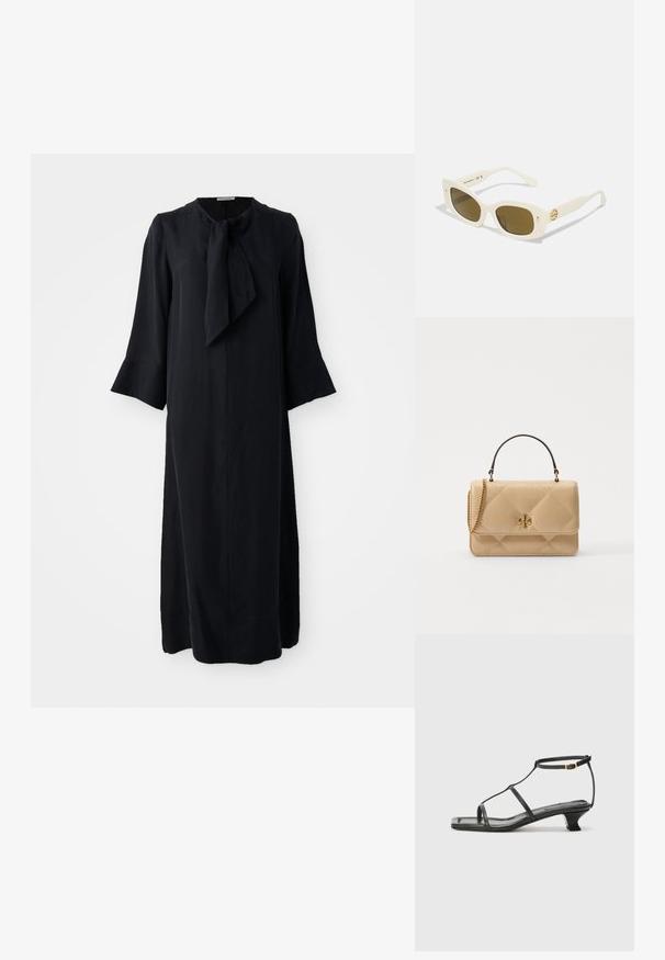 Schwarzes Midi-Kleid mit Stehkragen und einer Schleifendetail, langen Ärmeln und lockerer Passform, aus einem glatten Stoff mit matter Oberfläche gefertigt.; Schwarze Ledersandale mit quadratischer Zehenpartie, dünnen Riemen, verstellbarem Knöchelriemen und einem niedrigen Absatz. Mit einem kleinen goldenen Akzent am Riemen.; Weiße Kunststoffsonnenbrille mit rechteckigem Rahmen, braunen Gläsern und einem goldenen Akzent an den Bügeln. Glatte Textur und modernes Design.; Gepolsterte beige Lederhandtasche mit goldenen Beschlägen, Kettenriemen und einem oberen Griff. Verfügt über einen vorderen Klappdeckel und ein charakteristisches Logodetail.