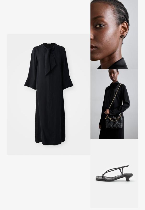 Juoda midi suknelė su stovinčia apykakle ir kaklaraiščio detale, ilgomis rankovėmis ir laisvu siluetu, pagaminta iš lygaus audinio su matinio paviršiaus apdaila.; Juodas odinis šlepetės su plonomis dirželiu, mažu blokuoju kulnu ir kvadratiniu pirštu. Yra sagties uždarymas ir lygus paviršius.; Juodas susegamas odinis rankinukas su susiraukšlėjusia viršuje, auksine grandine ir stačiakampiu pavidalu, laikomas prieš paprastą foną.; Auksiniai gėlių auskarai turi tekstūruotą juodą centrą ir subtilius detalius. Modelio švari oda ir pintos plaukai matomi profilyje.