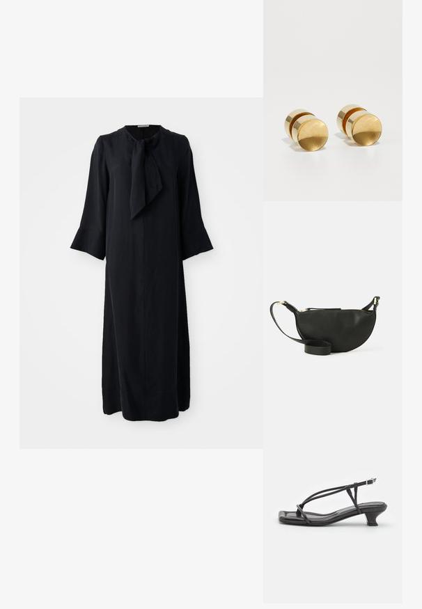 Vestido midi negro con collar alzado y detalle de pajarita, manga larga y corte relajado, fabricado en una tela suave con un acabado mate.; Sandal de cuero negro con tiras finas, tacón bajo cuadrado y punta cuadrada. Presenta un cierre de hebilla y una textura suave.; Bolso de cuero negro cruzado con forma de media luna, superficie texturizada, cierre de cremallera dorado y una correa plana. Diseño compacto adecuado para lo esencial.; Pendientes de metal dorado con una forma redonda simple, que cuentan con un acabado suave y una banda central pulida. Miden aproximadamente 1 cm de diámetro.