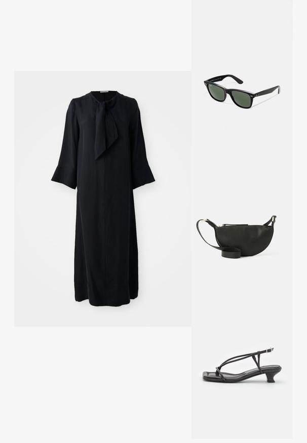 Vestido preto midi com gola alta e detalhe em laço, mangas longas e corte descontraído, feito de um tecido suave com acabamento fosco.; Sandal de couro preto com tiras finas, salto bloco baixo e biqueira quadrada. Apresenta um fecho de fivela e textura suave.; Óculos de sol de plástico preto com lentes verdes, armações quadradas, detalhe prateado na sobrancelha e hastes texturizadas. Marca indicada na parte interna da haste.; Bolsa transversal de couro preto com formato de meia-lua, superfície texturizada, fecho dourado e alça plana. Design compacto adequado para itens essenciais.