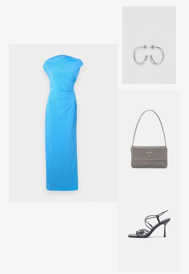 Long blue dress featuring a draped neckline, fitted waist, and flowing skirt made from a smooth fabric.; Black high-heeled sandals feature thin straps with a knotted design, a smooth square toe, and a sleek stiletto heel.; Light gray metallic handbag featuring a chain strap, embellished with small circular metallic studs and a triangular brand logo.; Silver hoop earrings with a smooth, shiny finish. Rounded shape, lightweight design, featuring a post-back closure.