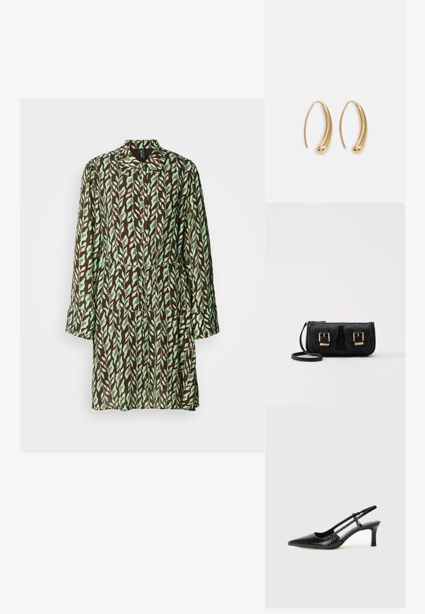 Brown and green leaf-patterned coat with long sleeves, a collar, and a cinched waist. Made of lightweight fabric with a flowing design.; Black patent slingback heel with a pointed toe, featuring textured snake print, adjustable strap, and a short, textured block heel.; Black leather crossbody bag with two front pockets, gold buckles, zipper closure, and a slim strap. Textured surface and compact rectangular shape.; Gold-tone metal hoop earrings with a curved, elongated shape. Features a smooth, shiny surface and a rounded tip for added detail.