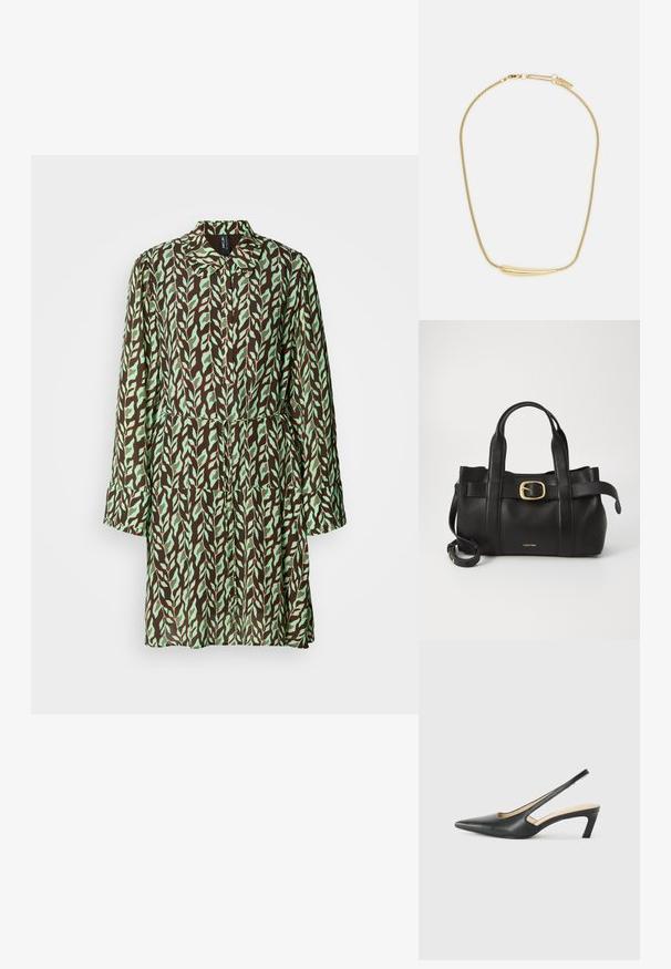 Cappotto con motivo a foglie marroni e verdi, maniche lunghe, colletto e vita cintrata. Realizzato in tessuto leggero con un design fluido.; Scarpa slingback nera con punta affilata e tacco basso, realizzata in pelle liscia e con un design a taglio laterale per favorire la traspirabilità.; Borsa a mano in pelle nera con un design strutturato, doppie maniglie superiori, accentuazione in metallo dorato e logo del marchio in rilievo sul davanti.; Collana placcata in oro con un'accents centrale liscio e curvo. Presenta una catena flessibile con un gancio a moschettone e ulteriori maglie della catena regolabili.