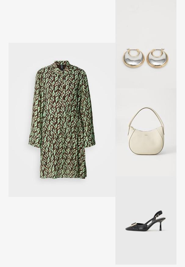 Brun og grønn bladmønstret kåpe med lange ermer, krage og innsnevret midje. Laget av lett stoff med en flytende design.; Svart skinn slingback-sko med spiss tå, slank hæl og gullfarget detalj på vampen. Glatt tekstur og strukturert design.; Kremfarget håndveske med teksturert overflate, buet form, kort håndtak og gullfarget logo. Glidelås lukking på toppen.; Små hoops med gullkant og en blank, reflekterende sølvfarge på innsiden, vist side om side på en hvit bakgrunn.