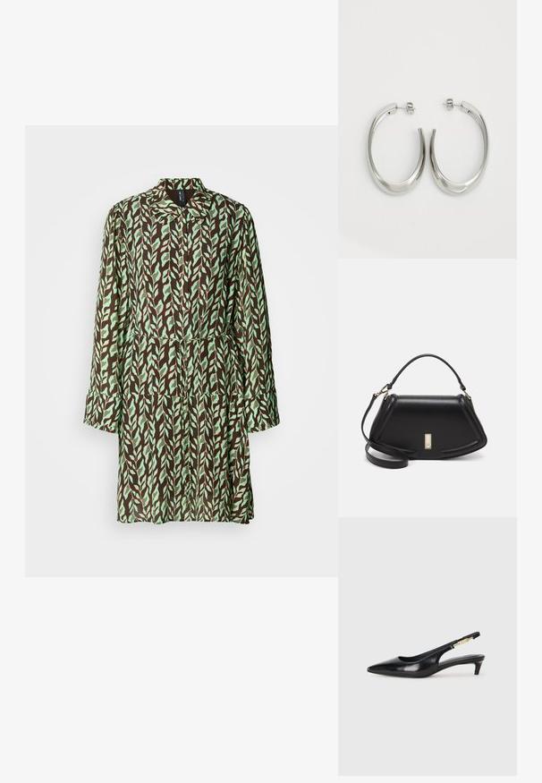 Barna és zöld levélmintás kabát hosszú ujjakkal, gallérral és megkötős derékkal. Könnyű anyagból készült, légies kialakítással.; Fekete bőr slingback magassarkúk, hegyes orral, vékony sarkakkal és arany színű részlettel a állítható pánton. Simа felület.; Fekete bőr kézitáska, strukturált dizájnnal, rövidített formával, felső fogantyúval és arany színű kiegészítőkkel. Állítható vállpánt is tartozik hozzá.; Ezüst karika fülbevalók sima, ívelt formával. Fényes fémes felülettel és tűs zárral rendelkeznek. Nincsenek látható minták vagy kiegészítők.