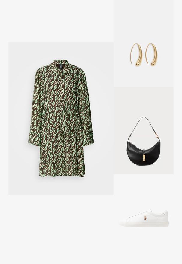 Brūns un zaļš lapu raksta mētelis ar garām piedurknēm, apkakli un savilktu vidukli. Izgatavots no viegla auduma ar plūstošu dizainu.; Baltas ādas sporta apavi, zema dizaina, ar gludu tekstūru, noapaļotu purngalu, ar auklēm priekšpusē un nelielu izšūtu logotipu sānos.; Melnas ādas rokas soma pusmēness formas. Iezīmē zelta metāla akcentus un šauru siksniņu. Gluda tekstūra, rāvējslēdzēja aizdare augšpusē.; Zelta toņu metāla gredzena auskari ar izliektu, pagarinātu formu. Ar gludu, spīdīgu virsma un noapaļotu galu papildu detaļām.