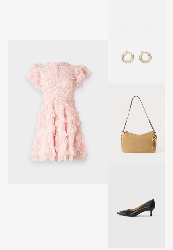 Needle & Thread AURELIE jasnoróżowy; Czarne skórzane szpilki z wąskim noskiem, niskim obcasem i gładką fakturą. Posiadają lekko otwarte przody i minimalne okucia z tyłu.; Beżowa zamszowa torebka na ramię o zaokrąglonym kształcie, ze złotymi elementami i zamkiem błyskawicznym. Posiada dołączony charms z inicjałami "MK."; Lauren Ralph Lauren BASIC SMALL HOOP - Kolczyki