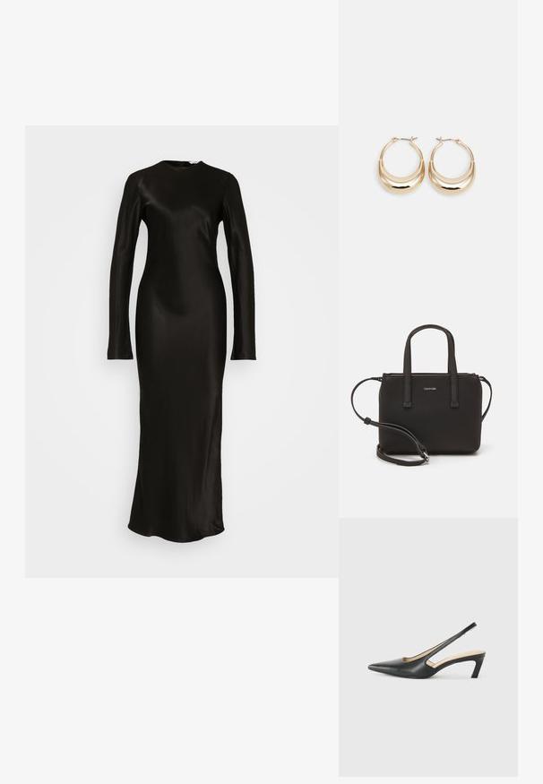 Juodas satino ilgomis rankovėmis vakarinis suknelė su prigludusia siluetu, apvalia iškirpte ir kulkšnies ilgio iškirpimu, užfiksuota ant šviesiai pilko fono.; Juodas smailus slingback batelis su žemu kulnu, pagamintas iš lygaus odos paviršiaus ir su išpjovomis šone, užtikrinančiomis oro pralaidumą.; Juoda rankinė su dviem trumpais rankenėlėmis ir nuimamu petį. Lygaus odos tipo medžiaga su užtrauktuku ir logotipo detale.; Auksinės tonacijos auskarai su mėnulio forma, lygus paviršius ir sklendės uždarymas. Lygus tekstūra ir atspindintis finis padidina matomumą.