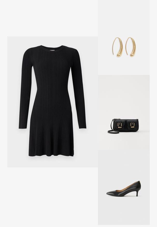 Abito in maglia a coste nera con maniche lunghe, scollo rotondo e orlo svasato. Texture liscia con strisce verticali e silhouette aderente.; Décolleté in pelle nera con punta affilata, tacco basso e texture liscia. Presenta un leggero apertura sulla parte anteriore e hardware minimale sul retro.; Borsa a tracolla nera in pelle con due tasche frontali, fibbie dorate, chiusura con zip e una tracolla sottile. Superficie texturizzata e forma rettangolare compatta.; Orecchini a cerchio in metallo color oro con forma curva ed allungata. Presentano una superficie liscia e lucida e una punta arrotondata per un tocco di dettaglio in più.