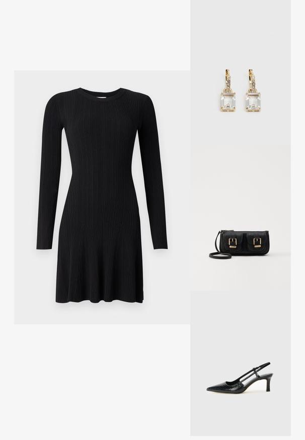 Vestido preto de malha canelada com mangas longas, gola redonda e bainha godê. Textura suave com riscas verticais e silhueta justa.; Salto slingback em patente preta com bico apontado, apresentando um padrão de pele de cobra texturizado, tira ajustável e um salto bloco curto e texturizado.; Bolsa de ombro em couro preto com dois bolsos frontais, fivelas douradas, fecho de zíper e uma alça fina. Superfície texturizada e forma retangular compacta.; Brincos em tom de ouro com um cristal retangular claro pendurado abaixo de uma linha de pequenos acentos redondos claros. Design elegante e moderno.
