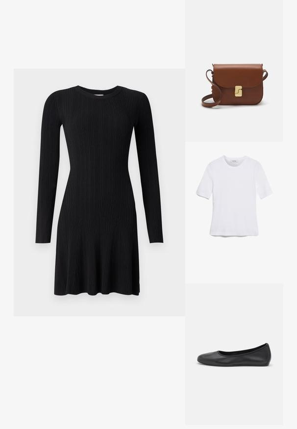 Černé žebrované pletené šaty s dlouhými rukávy, kulatým výstřihem a rozšířeným lemem. Hladká textura s vertikálními pruhy a přiléhající silueta.; Bílá tričko s krátkým rukávem vyrobené z žebrované tkaniny. Kulatý výstřih, normální střih a jemné detaily šití. Bez vzorů nebo grafik.; Černé kožené baletní byty s kulatou špičkou, hladkou texturou, minimálními švy a flexibilním designem podrážky.; Hnědá kožená kabelka s klopou, zlatými kovovými detaily, ramenním popruhem a hladkým povrchem. Kompaktní obdélníkový tvar.