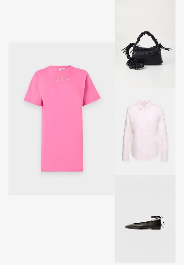 Krátke ružové bavlnené tričko s okrúhlym výstrihom a krátkymi rukávmi. Na prednej strane je v kontrastnom dizajne umiestnené logo "GAP".; Svetloružová košeľa s dlhým rukávom a golierom na gombíky, s rovno strihaným lemom a jemnou textúrou, vyrobená z ľahkej bavlnenej látky.; Čierne kožené baletky s špicatou špičkou, viazaním okolo členka a plochou podrážkou, s hladkou textúrou a minimalistickým dizajnom.; Čierna umelá kožená kabelka s kroko vzorom, sťahovaným vrchom a zhnutým popruhom. Vyzerá mäkko a kompaktné v dizajne.