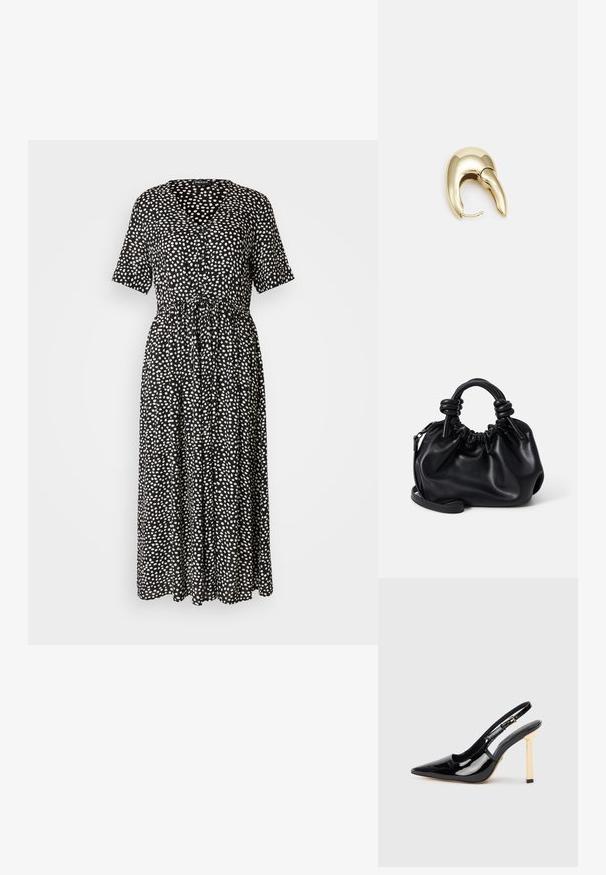 Robe noire avec des pois blancs, décolleté en V, manches courtes, ceinture à la taille et une jupe fluide qui arrive au milieu du mollet. Texture de tissu lisse.; Chaussure à talon haut en cuir verni noir, à bout pointu et avec un accent de talon carré doré. Comprend une bride ajustable à la cheville.; Sac à main en cuir noir avec un design froncé, des poignées courtes et arrondies, et une bandoulière détachable. Texture lisse avec une silhouette douce.; Boucle d'oreille en métal doré avec un design élégant et courbé. Présente une forme conique distinctive, une surface polie et une fermeture à charnière.