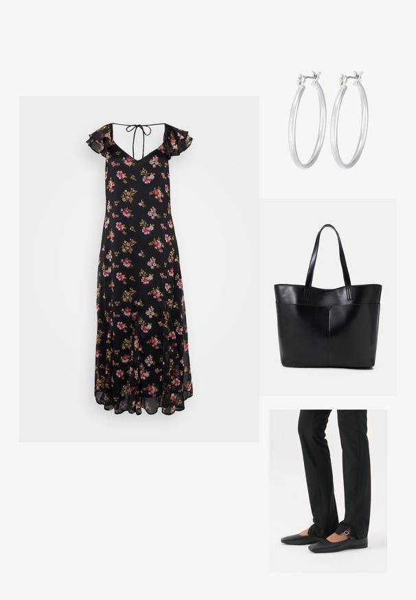 Juoda gėlių suknelė su banguotomis rankovėmis, giliu V formos iškirpimu ir raišteliu. Pagaminta iš lengvos medžiagos, papuošta rožinėmis ir geltonomis gėlėmis. Midi ilgio.; Juodų odinių balerinų batų su smailiu priekiu, juostele su sidabro sagtimi, derinami su juodomis pritaikytomis kelnėmis, turinčiomis plyšinį hemą.; Juoda odinė rankinė su dviem ilgais diržais, lygiu paviršiumi ir struktūrizuota forma. Yra priekinė kišenė papildomam saugojimui.; Sidabriniai auskarai su sklandžiu, poliruotu paviršiumi. Apvalios formos ir saugus uždarymo mechanizmas. Lengvas dizainas, tinkantis kasdieniam dėvėjimui.