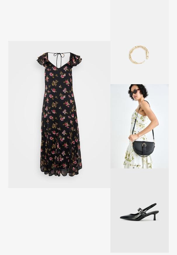 Črna cvetna obleka z nabranimi rokavi, globokim V-izrezom in zavezovanjem. Ima roza in rumene rože na lahkem materialu. Midi dolžina.; Črne patent usnjene slingback pete s koničastim nosom in majhnim blok peto, ki vključujejo srebrno zaponko na traku.; Črna usnjena torbica s ukrivljeno obliko, z odstranljivo naramnico in zlatimi dodatki. Torbica ima pokrov s podrobnostmi v obliki zaponke.; Zlati prstan s organskim, zvitim dizajnom, gladko površino in taperiranimi konci, ki ustvarja modernega, skulpturalnega videza.